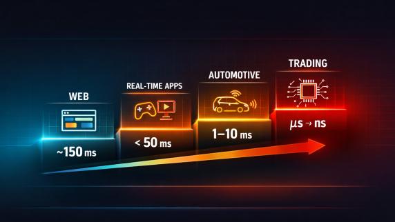 Latency comparison across industries: web (~150 ms), real-time apps (<50 ms), automotive (1–10 ms), and trading (microseconds to nanoseconds)