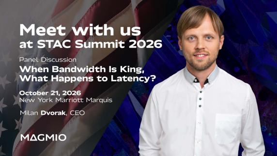 Promotional graphic for Magmio's participation in STAC Summit New York 2026, featuring CEO Milan Dvořák. The event takes place on October 21, 2026, at the New York Marriott Marquis. Milan will join the panel discussion 
